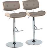 Lombardi Adjustable Swivel Bar Stool in Chrome, Natural Wood & Light Grey Leatherette (Set of 2)